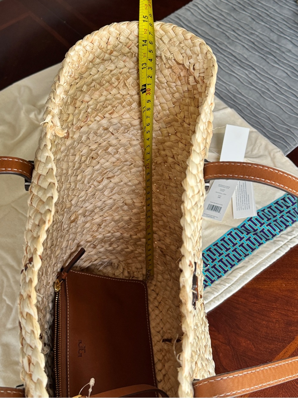 Tory Burch McGraw Straw Shopper Tote Natural Woven Raffia Leather Pouch Dustbag - Picture 12 of 16